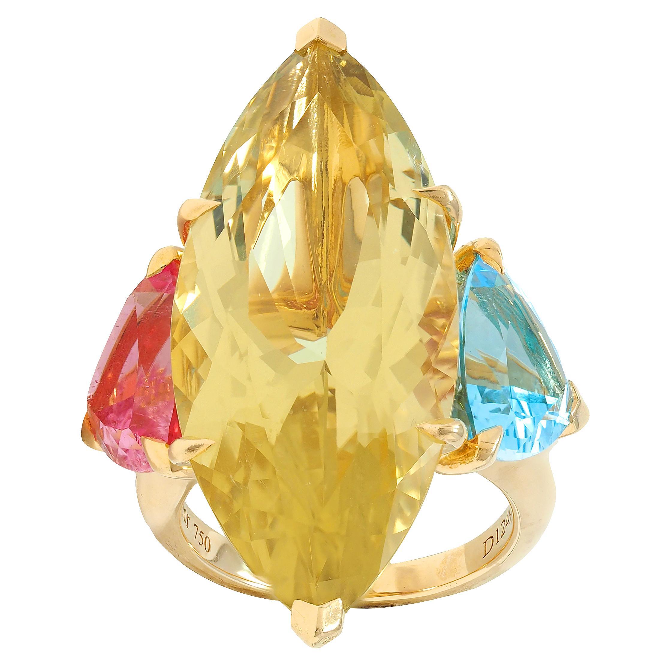 Anello cocktail con tre pietre in oro 18 carati con tormalina e quarzo limone francese Dior in vendita 1