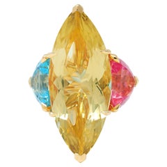 Dior French Lemon Quartz Tourmaline Topaz 18K Gold Three Stone Cocktail Ring