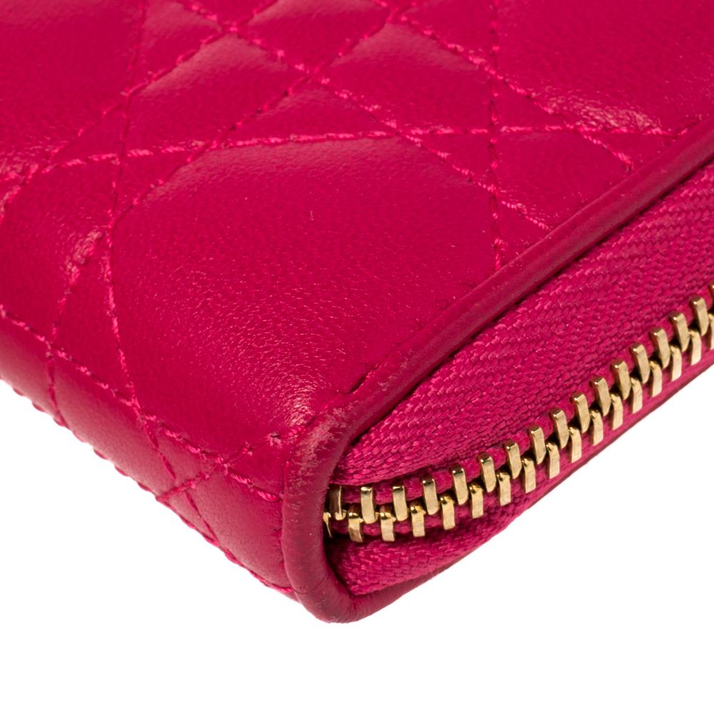 Dior Fuchsia Cannage Leather Compact Zip Around Wallet In Fair Condition In Dubai, Al Qouz 2