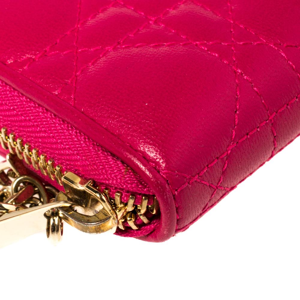 Women's Dior Fuchsia Cannage Leather Compact Zip Around Wallet