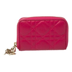 Used Dior Fuchsia Cannage Leather Compact Zip Around Wallet
