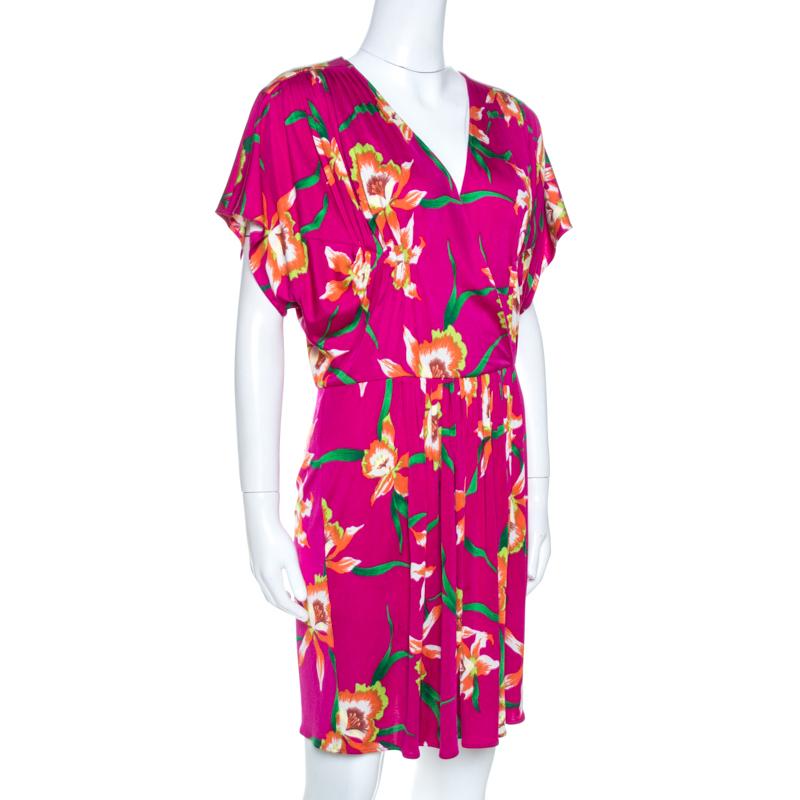 Red Dior Fuschia Floral Printed Silk Mini Dress L For Sale