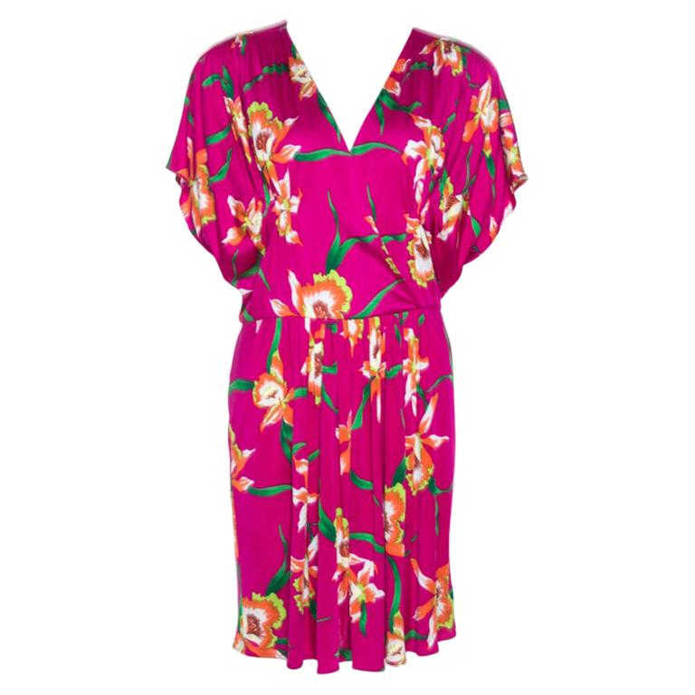 Dior Fuschia Floral Printed Silk Mini Dress L For Sale