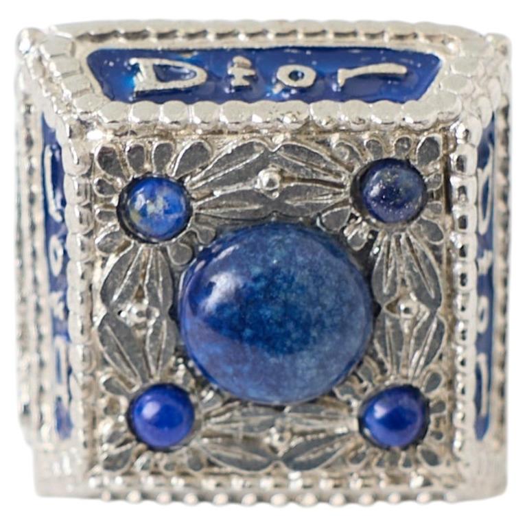 Dior FW 2002 John Galliano 'A Trip To Peru' Silvertone Blue Gem Logo Runway Ring For Sale