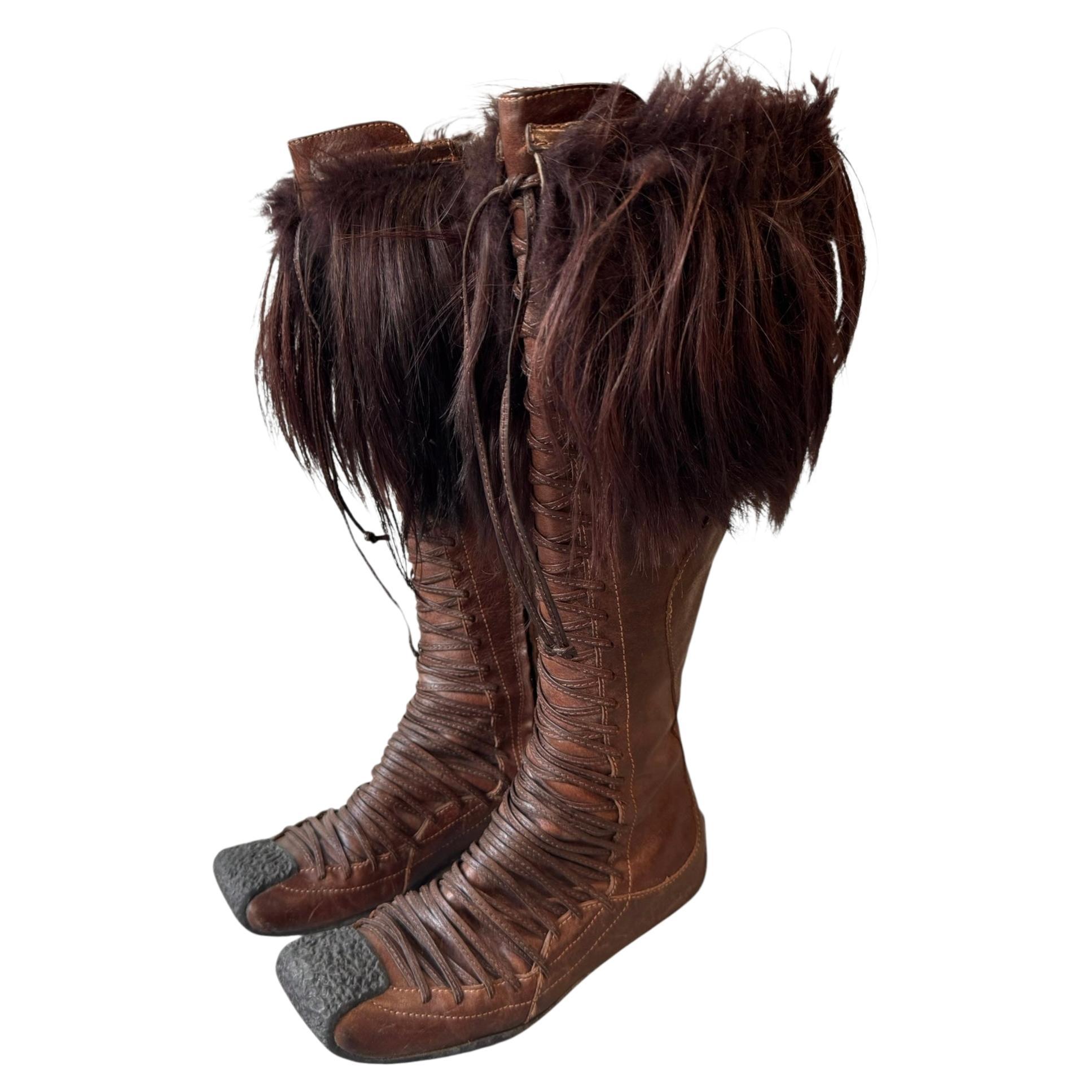 DIOR fw2002 BY GALLIANO BROWN LEATHER & FUR LACE-UP BOOTS