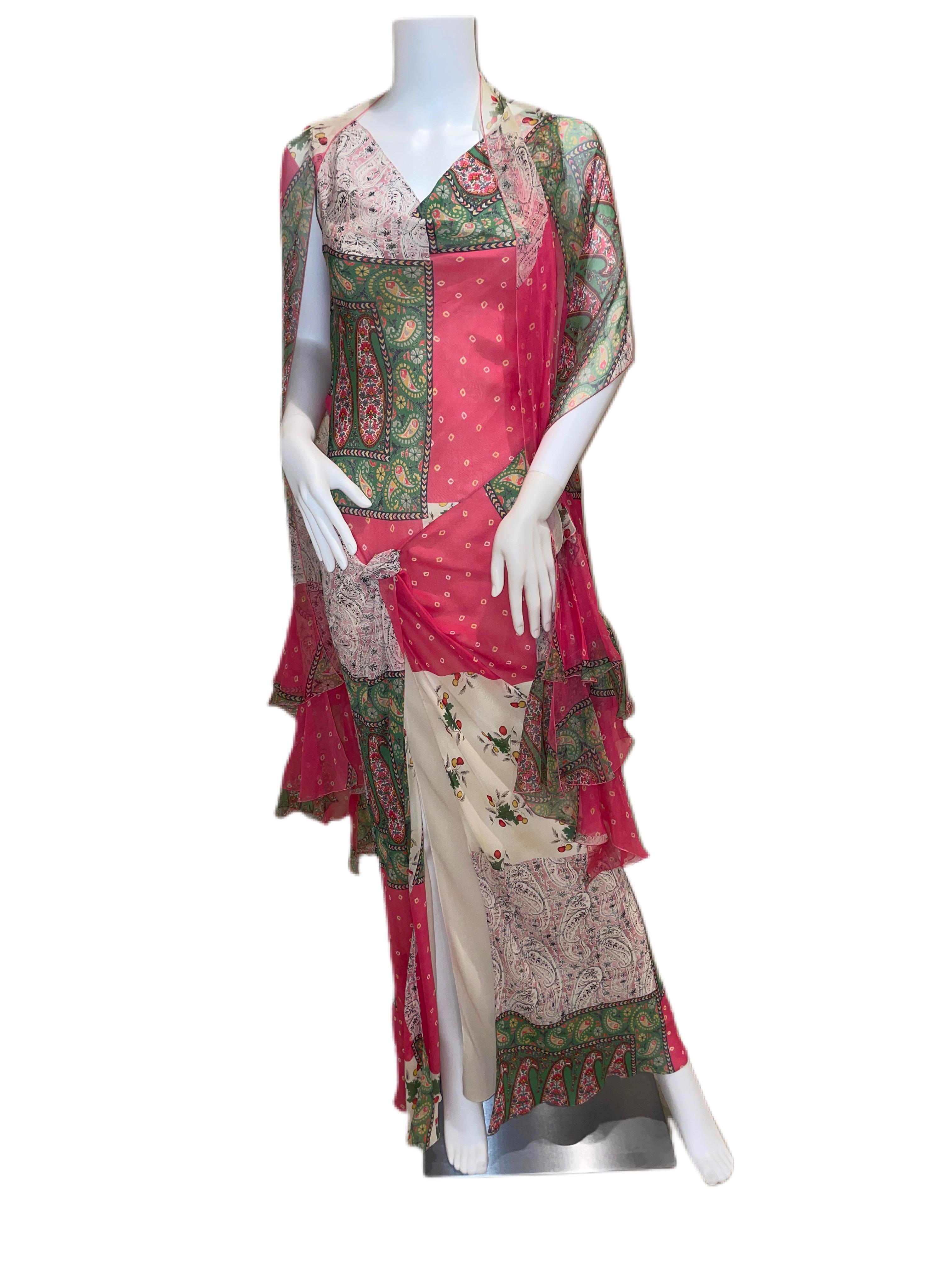 Vintage SS04 2004 John Galliano for Christian Dior maxi gown with matching shawl in paisley print. 100% silk and F40 fitting a M/L. Never worn and completely flawless. This runway print long dress also features a cowl neck, a low back, and a thigh