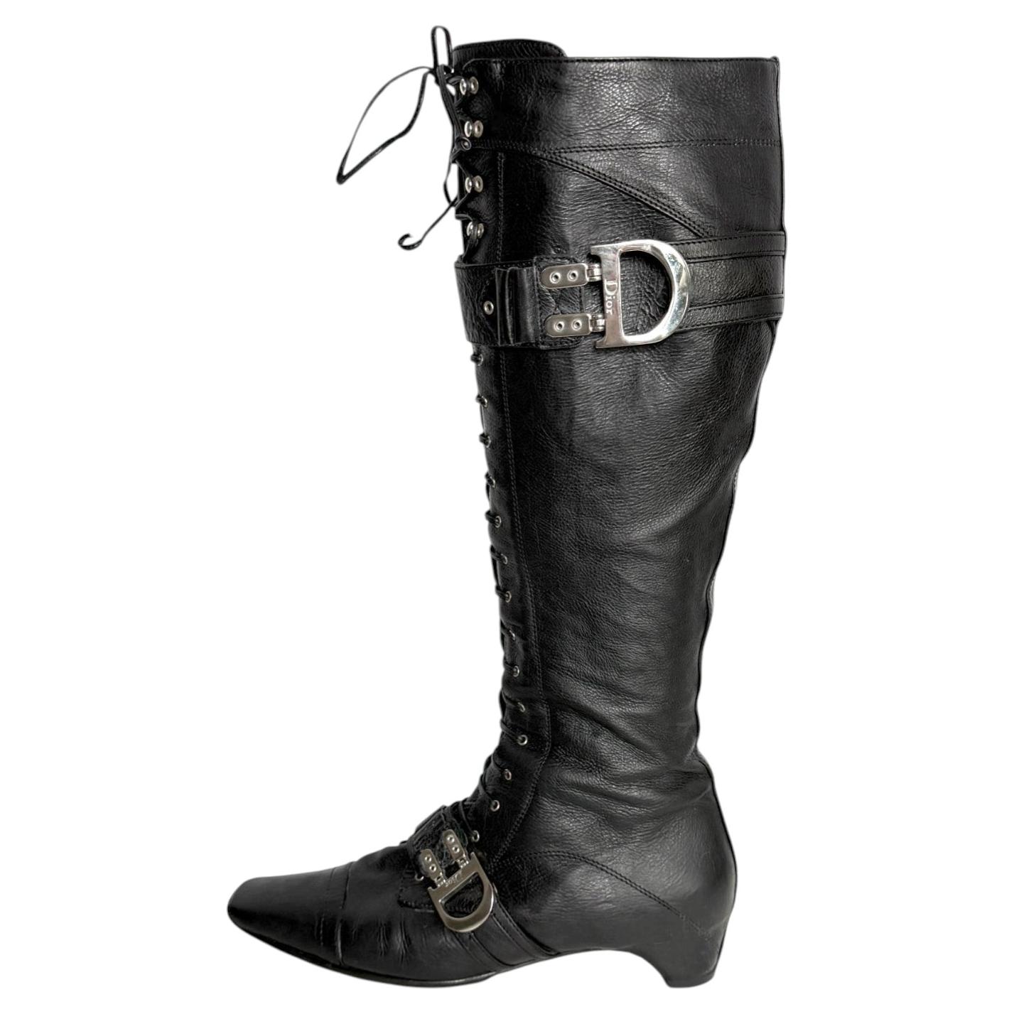 Dior Galliano 2005 Runway Boots Black Leather Lace Up D Buckle 40