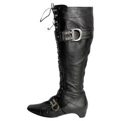 Dior Galliano 2005 Runway Boots Black Leather Lace Up D Buckle 40