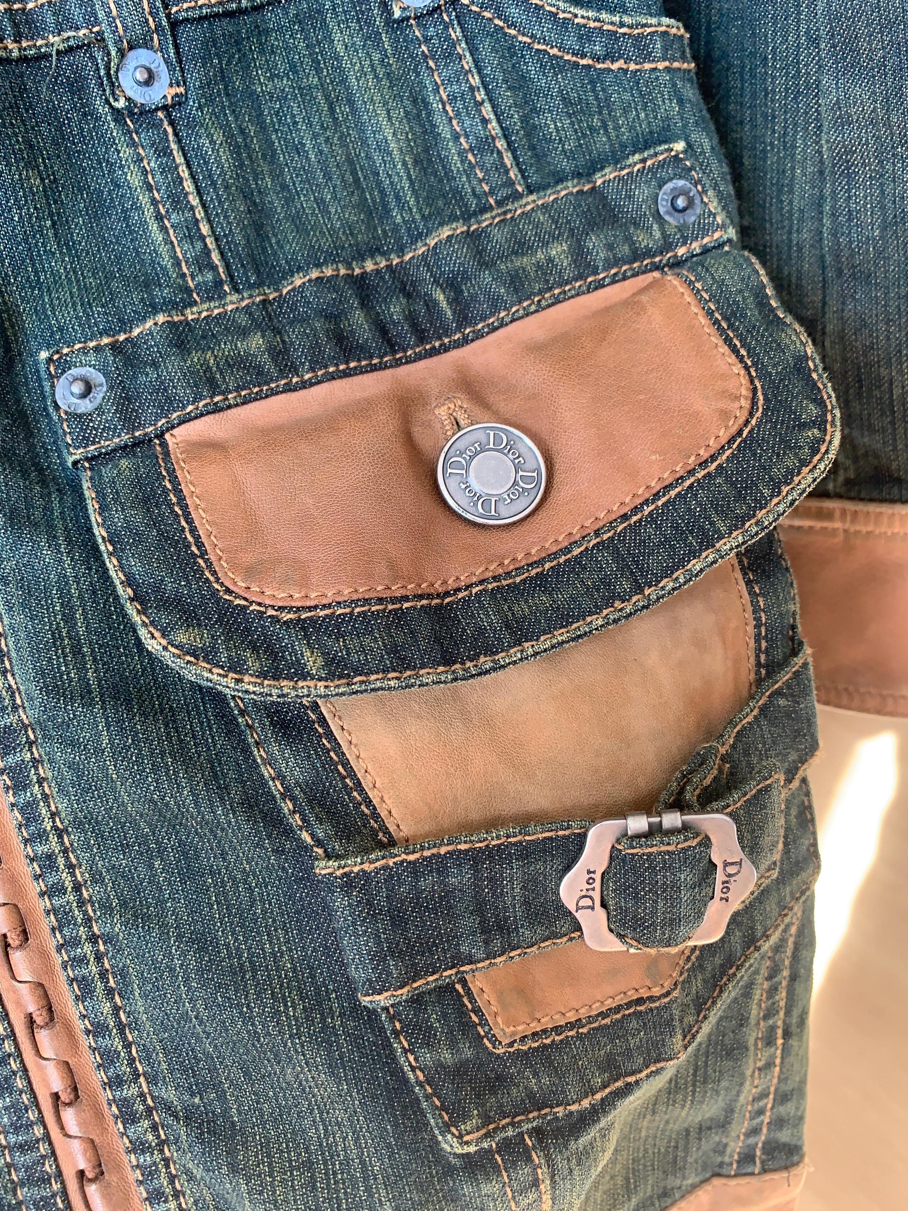 2006 SS Dior & Galliano  Laufsteg Lederbesatz Denim Vintage Mantel 2000s im Angebot 5