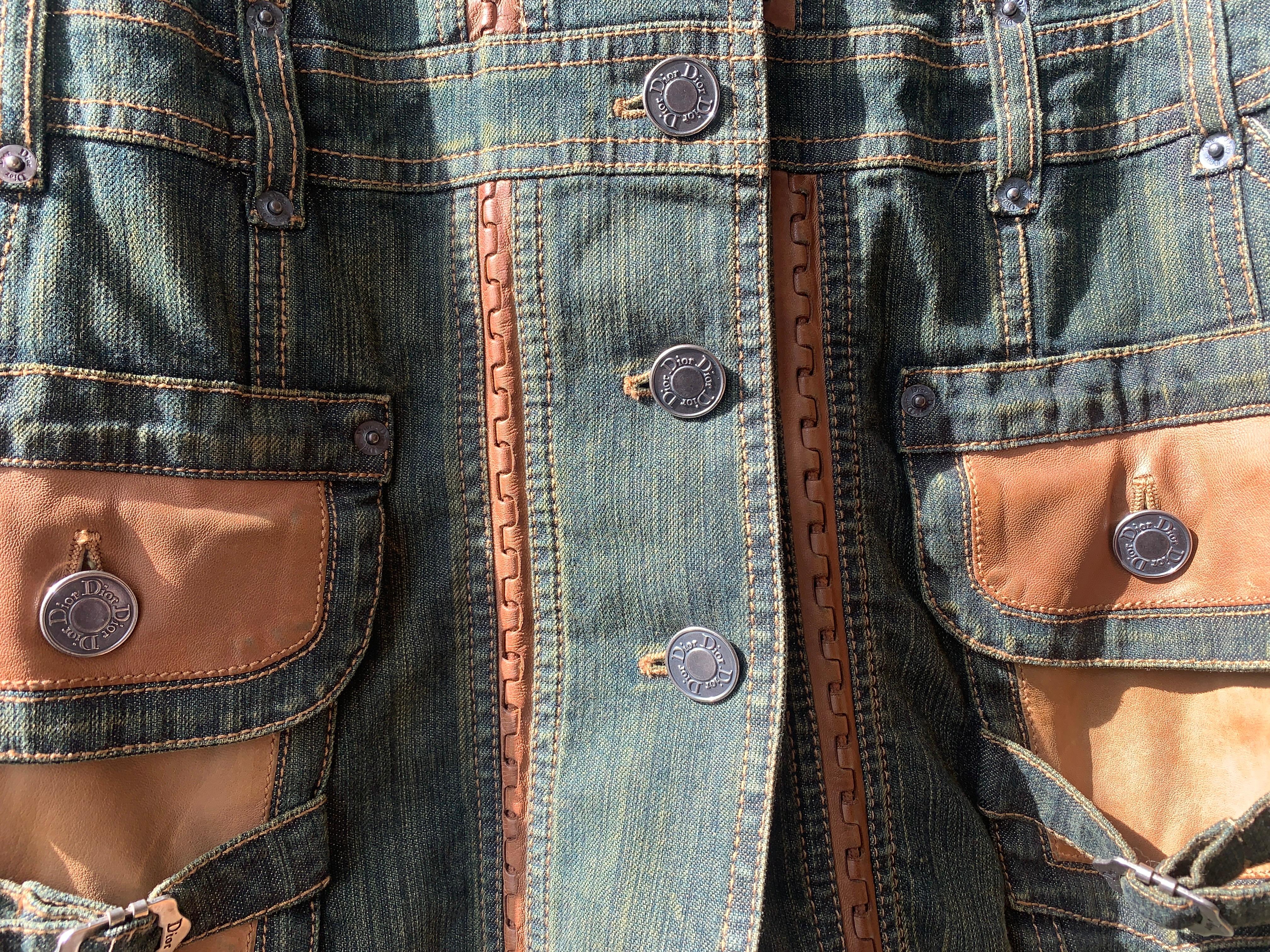 2006 SS Dior & Galliano  Laufsteg Lederbesatz Denim Vintage Mantel 2000s im Angebot 7