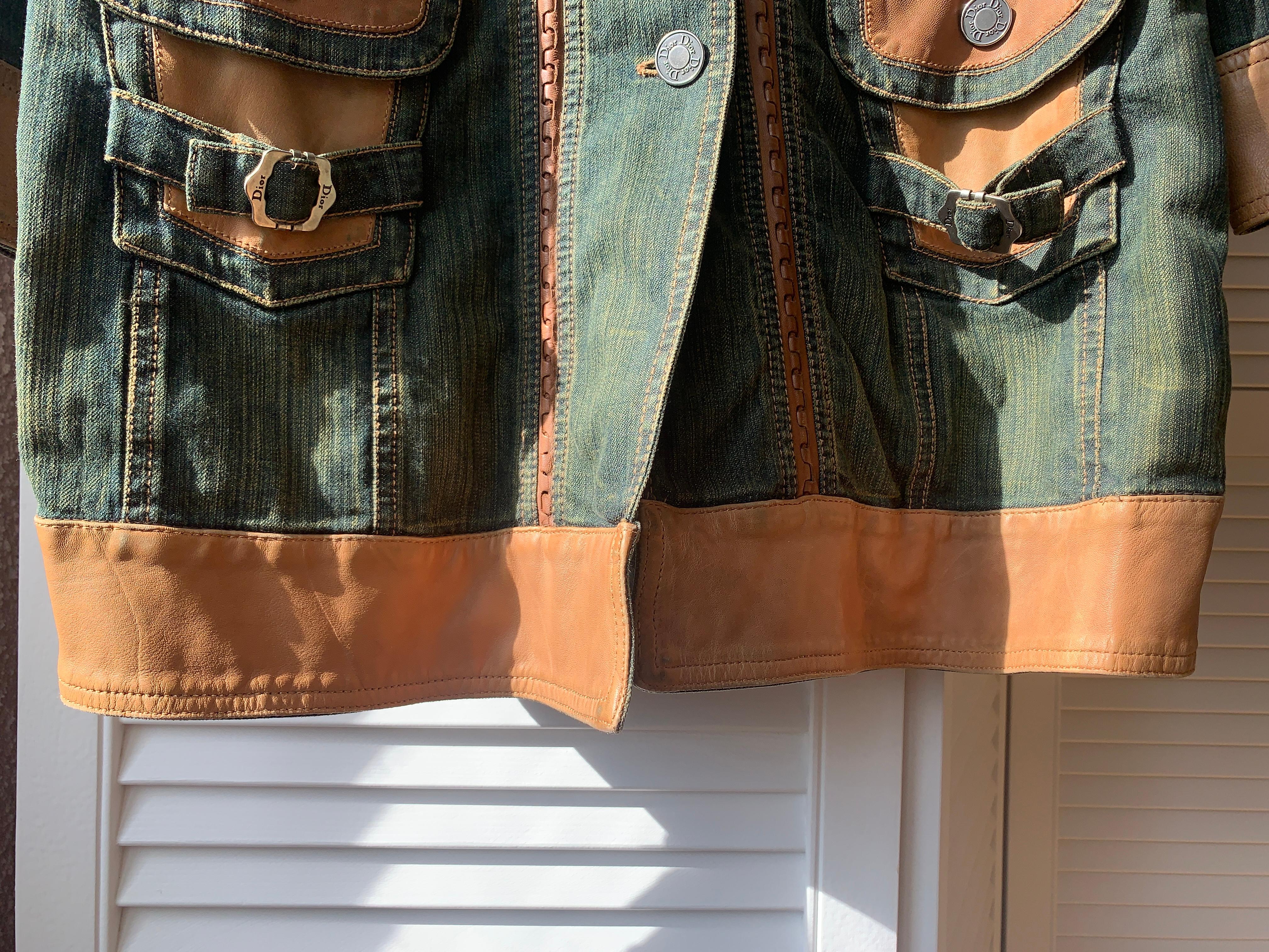 2006 SS Dior & Galliano  Laufsteg Lederbesatz Denim Vintage Mantel 2000s im Angebot 11