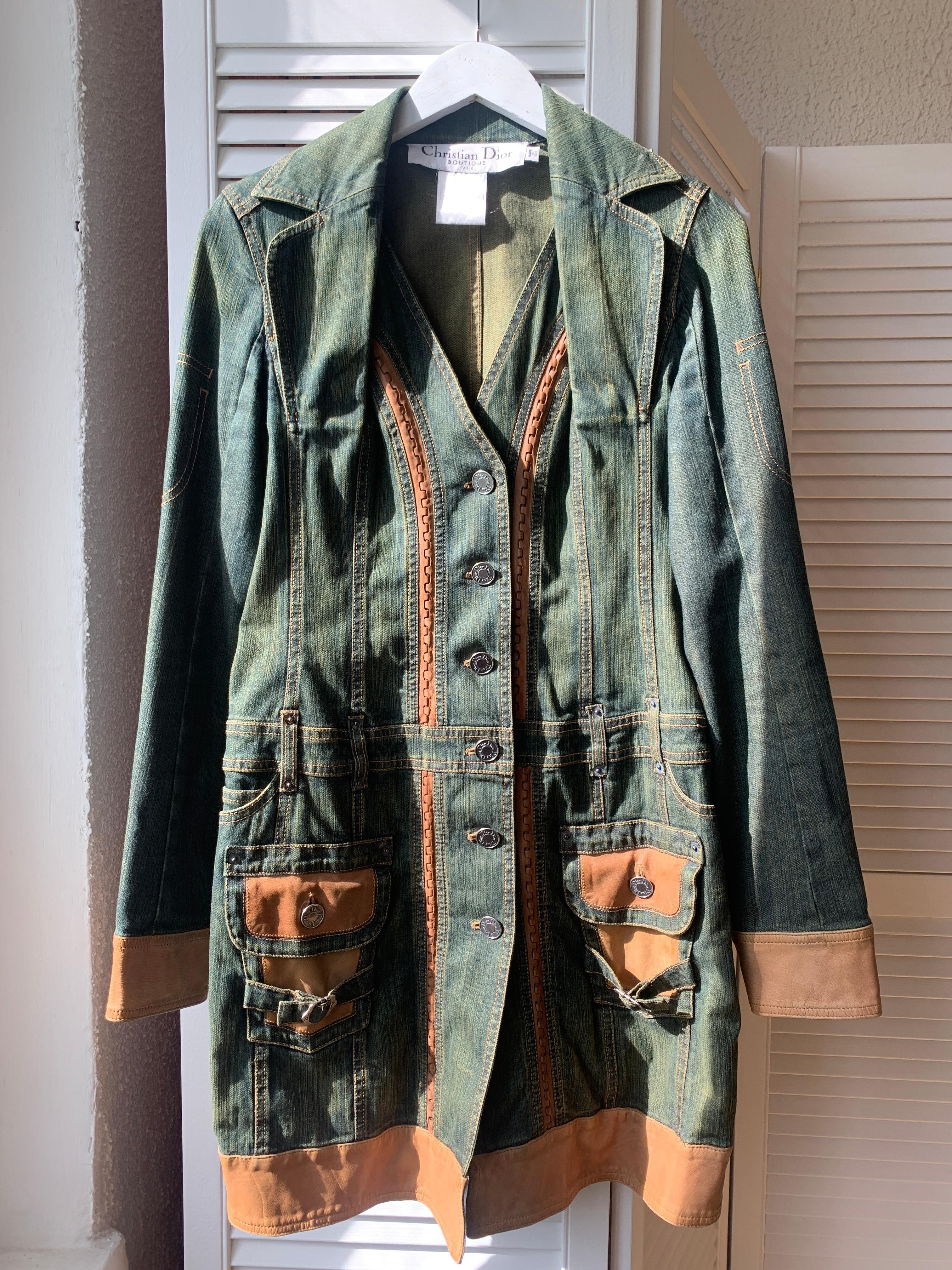 2006 SS Dior & Galliano  Laufsteg Lederbesatz Denim Vintage Mantel 2000s im Angebot 12