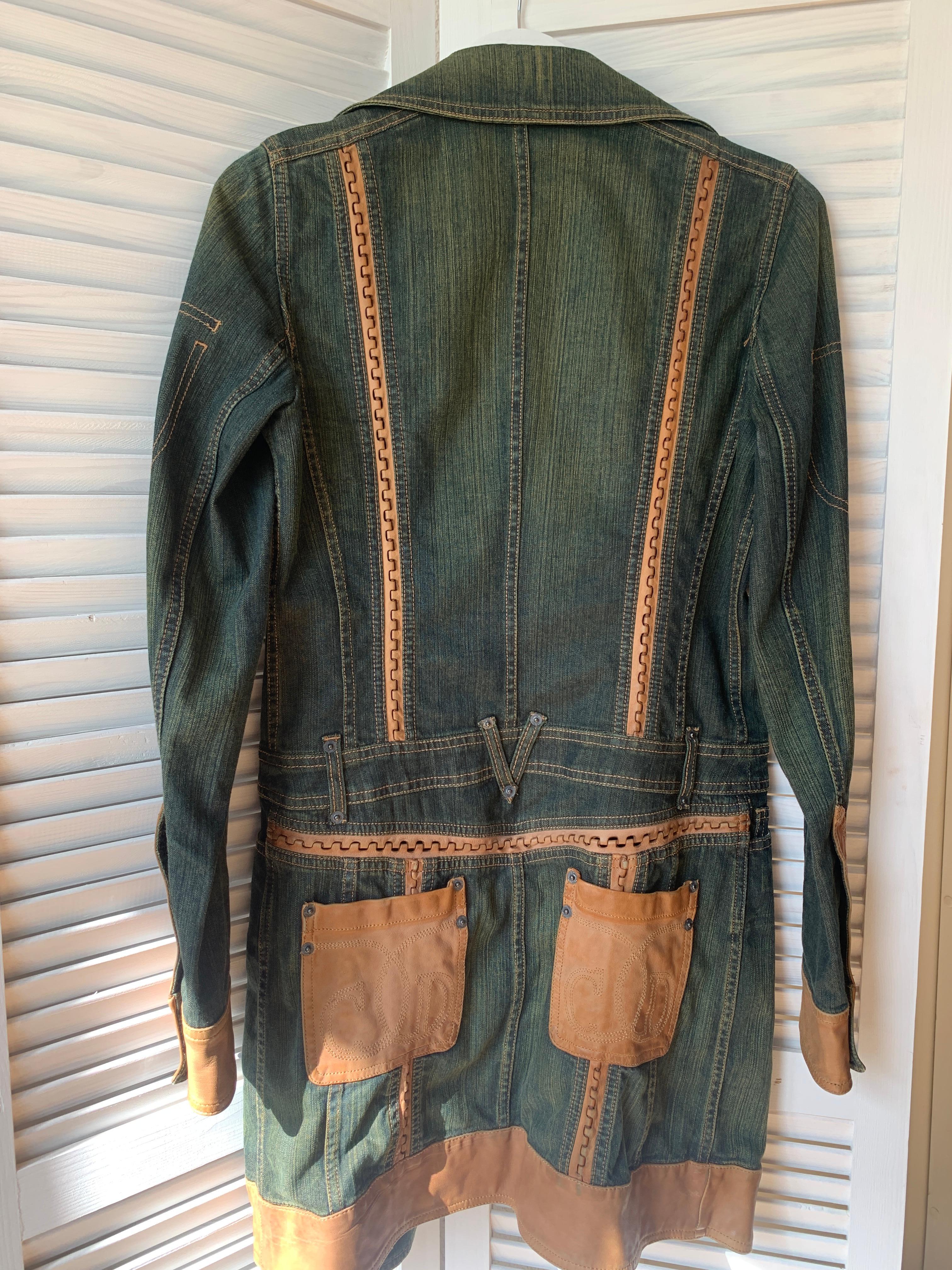 2006 SS Dior & Galliano  Laufsteg Lederbesatz Denim Vintage Mantel 2000s im Angebot 13