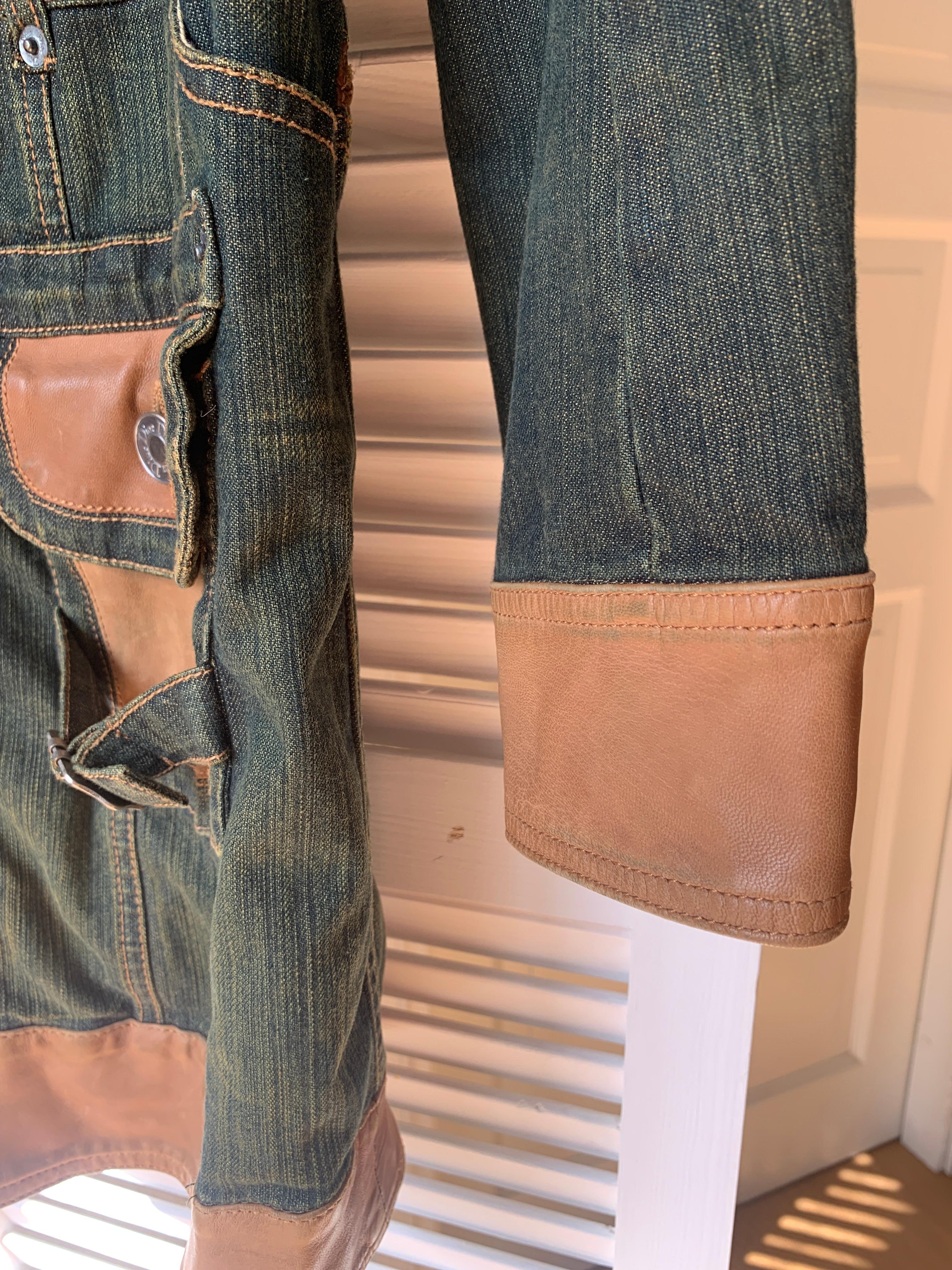 2006 SS Dior & Galliano  Laufsteg Lederbesatz Denim Vintage Mantel 2000s im Angebot 14