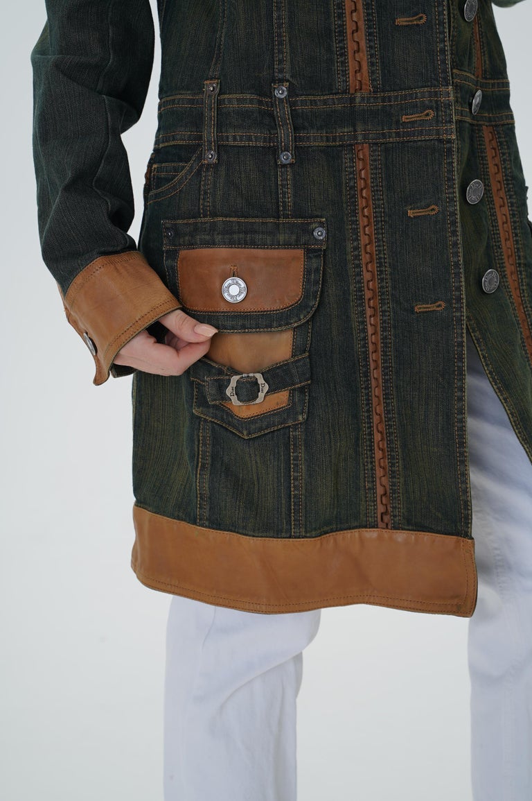 2006 SS Dior and Galliano runway Leather Trim Denim Vintage Coat