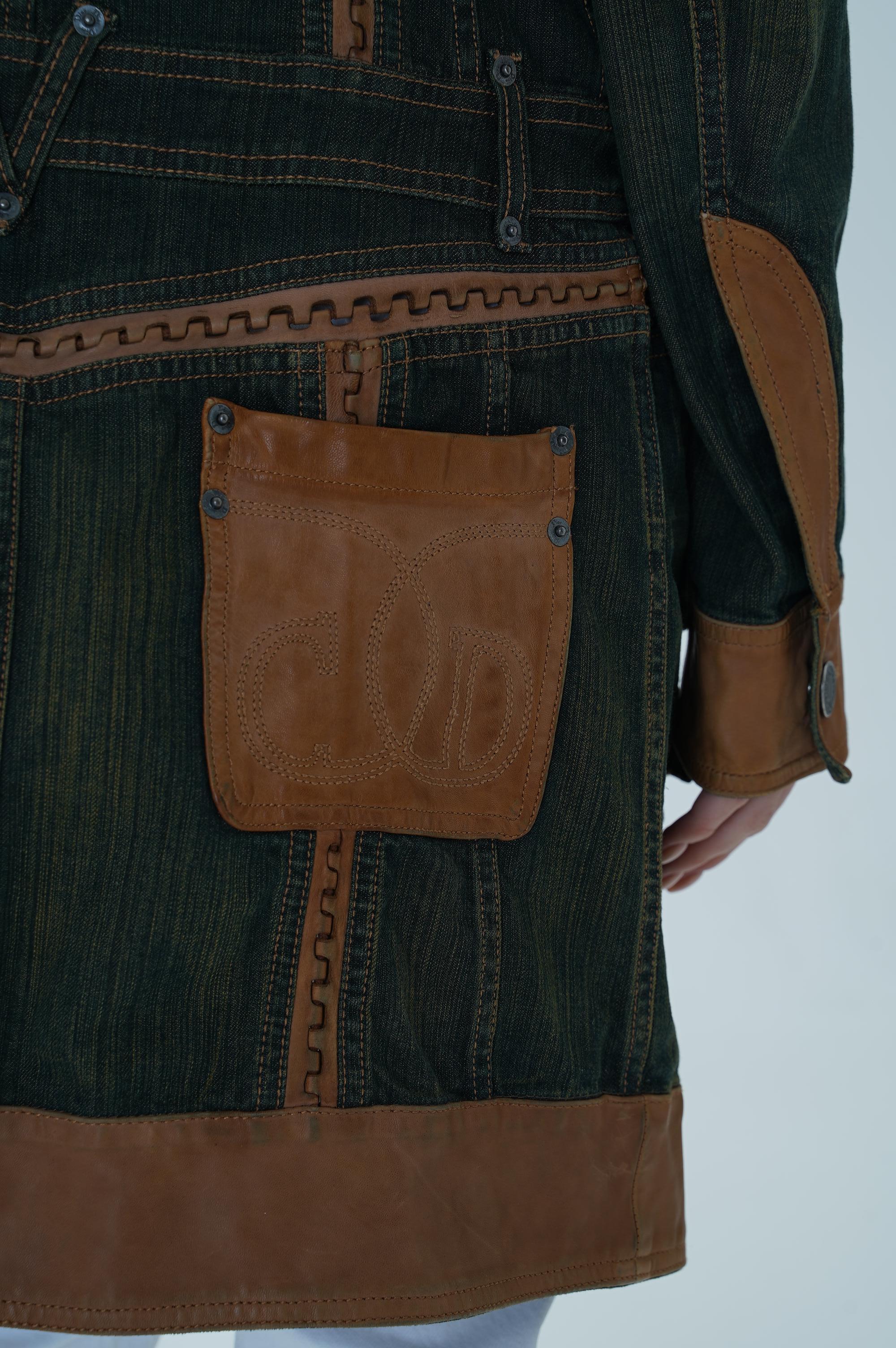 2006 SS Dior & Galliano  Laufsteg Lederbesatz Denim Vintage Mantel 2000s im Angebot 2
