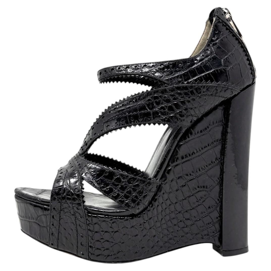 Pre-owned John Galliano Dior Galliano 2010 Runway Black Croc Embossed Runway Platform Wedge Sandals 39