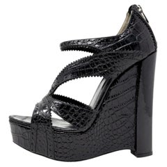 Dior Galliano 2010 Runway Black Croc Embossed Runway Platform Wedge Sandals 39