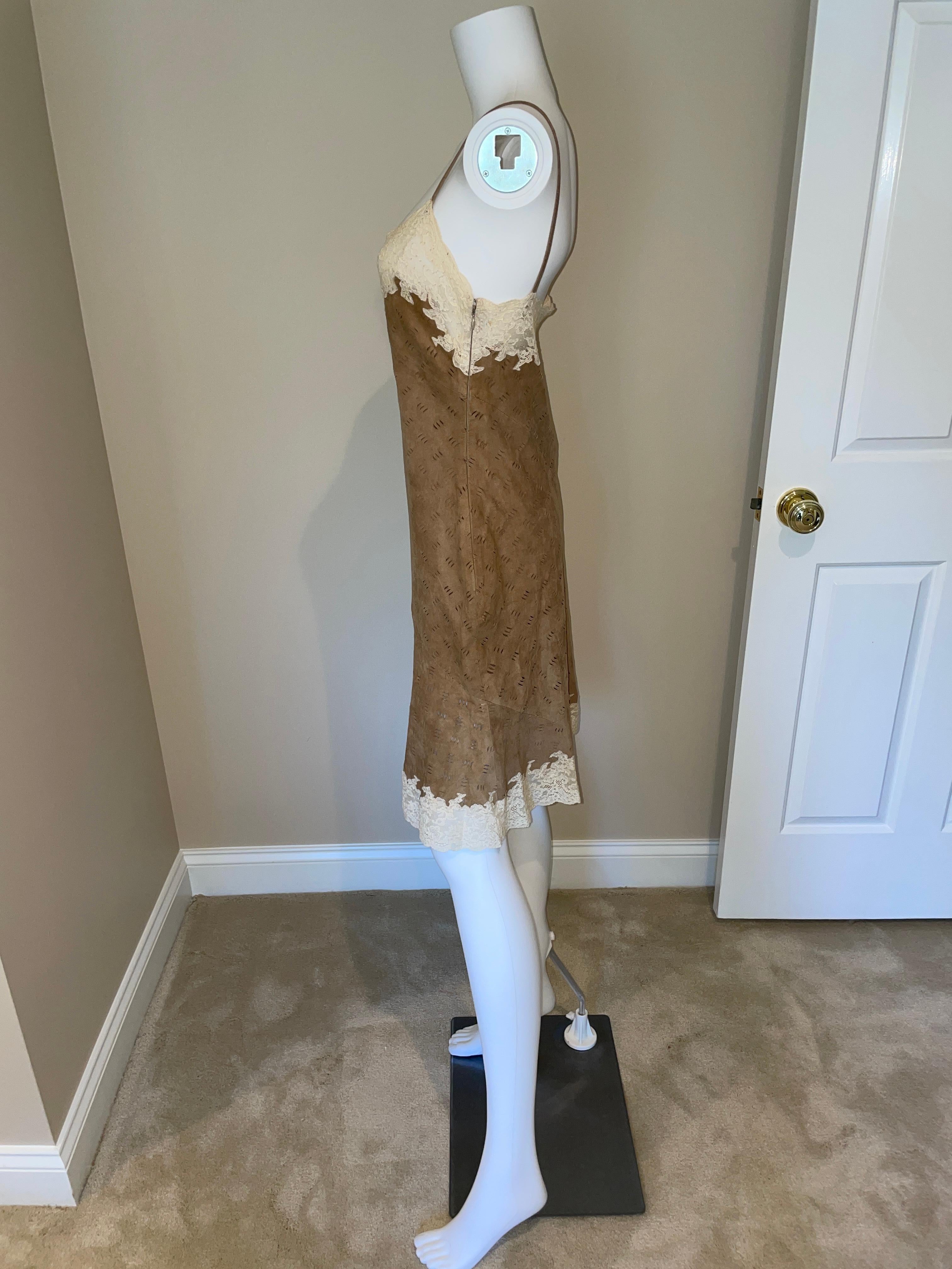 DIOR GALLIANO AW99 suede + lace vintage dress. 
1999 Vintage Christian Dior John Galliano Era knee length dress. Made from brown laser cut suede and cream lace. Size F40. Excellent used vintage condition. There is some minor wear to the fabric, but