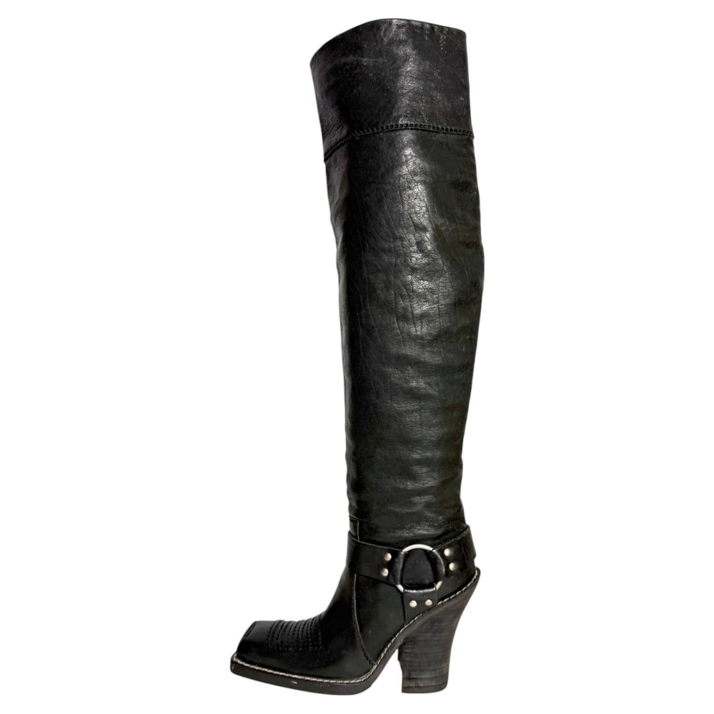 Dior Galliano FW 2006 Runway Black Leather Knee High Harness Boots 39