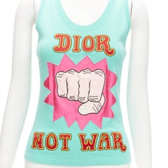 DIOR Galliano Runway 2005 Not War Propaganda print blue tank top FR38 M