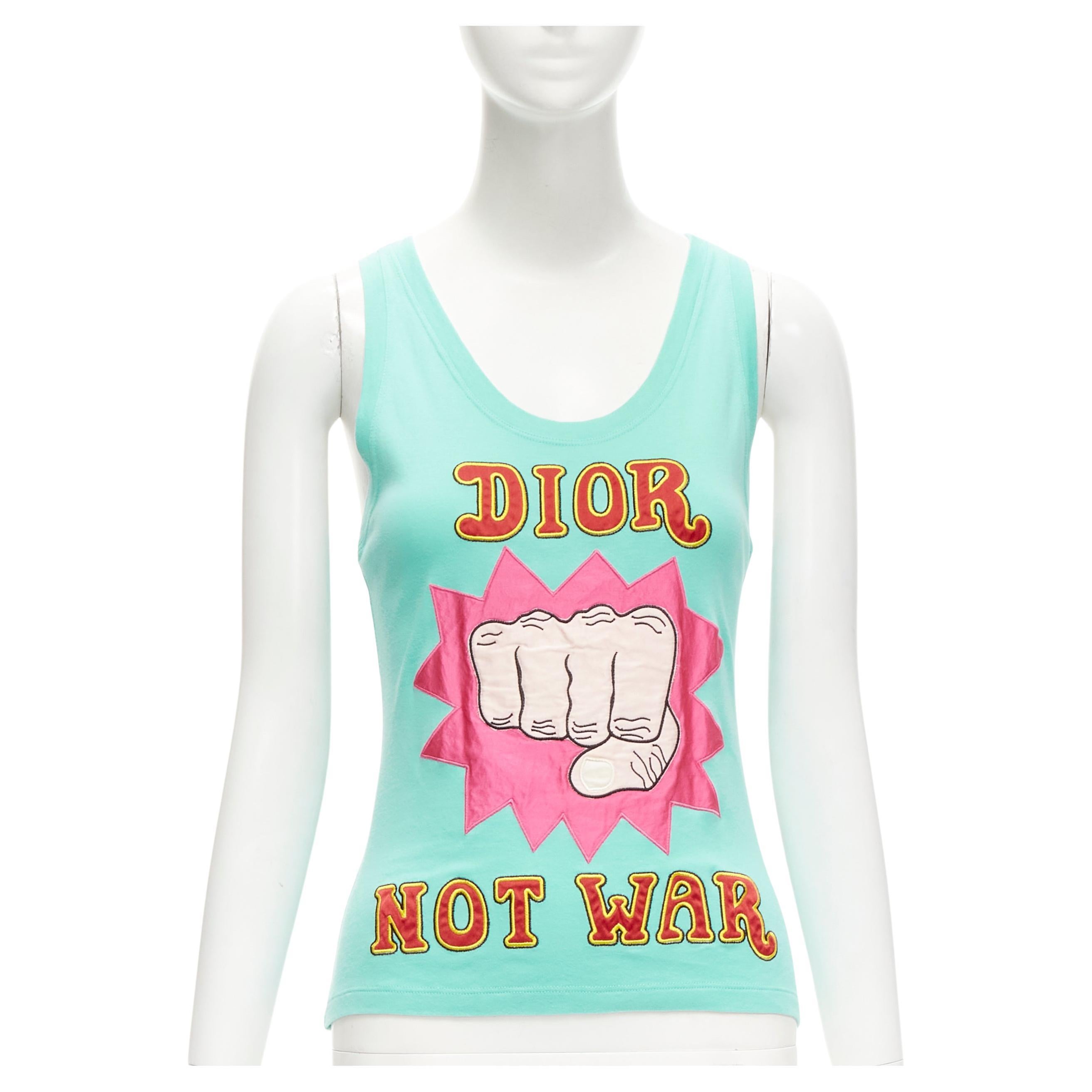 DIOR Galliano Runway 2005 Not War Propaganda print blue tank top FR38 M