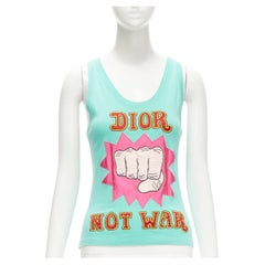 DIOR Galliano Runway 2005 Not War Propaganda print blue tank top FR38 M