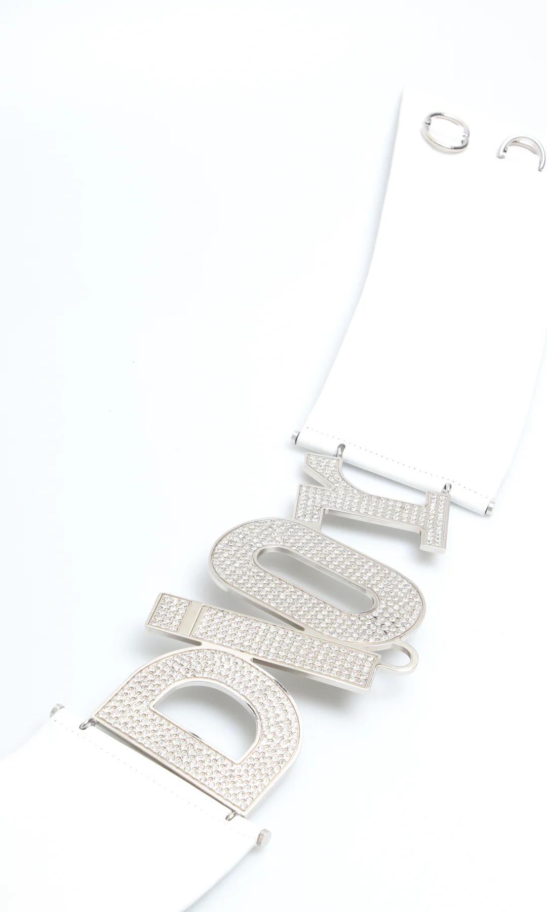 Gray Christian Dior Galliano Swarovski Crystal Logo Belt White