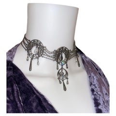 DIOR GALLIANO vintage 1999 silver metal and crystal drop choker necklace