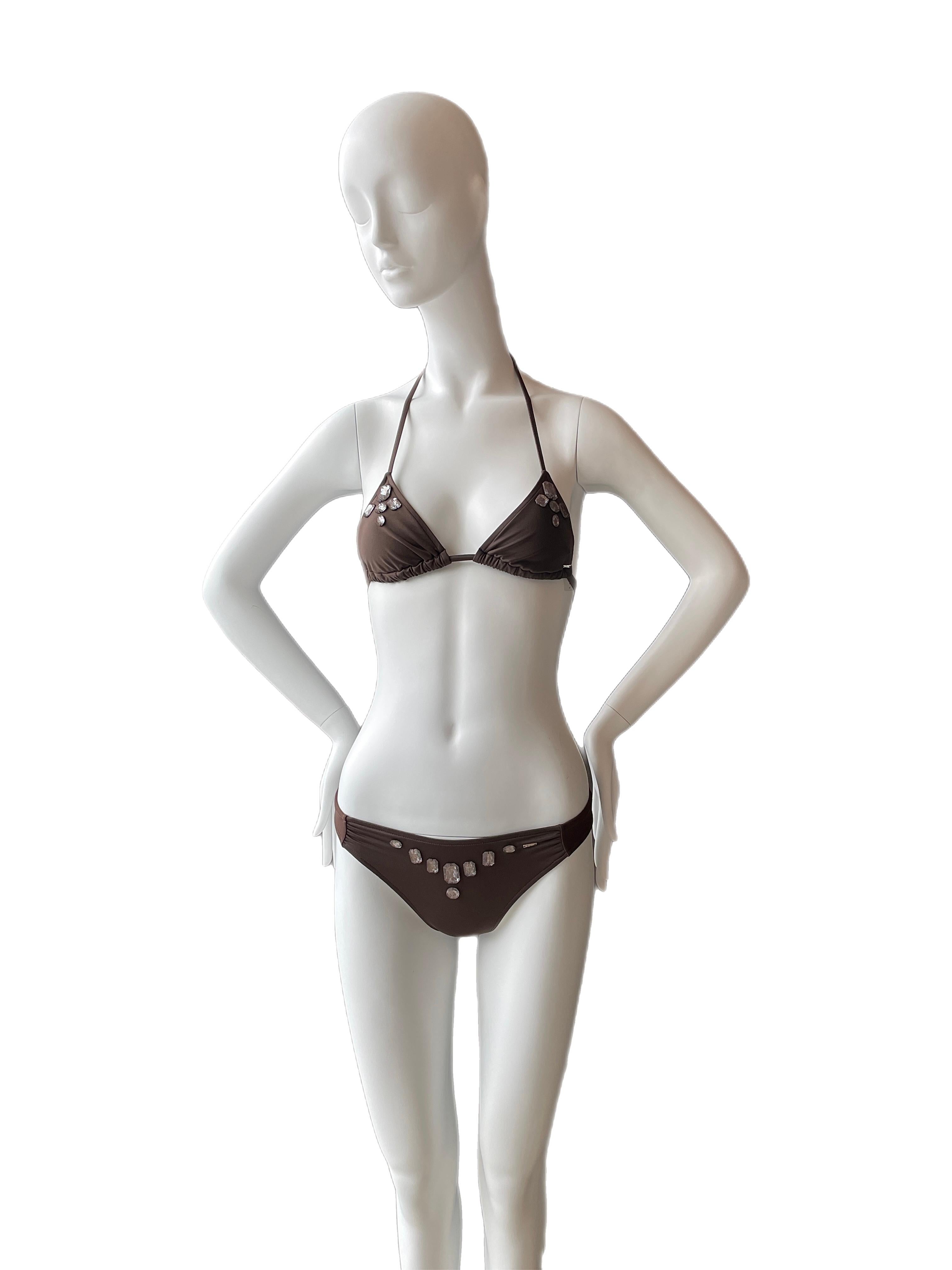 DIOR GALLIANO vintage Y2K brown gem bikini 2pc swim bathing suit 2