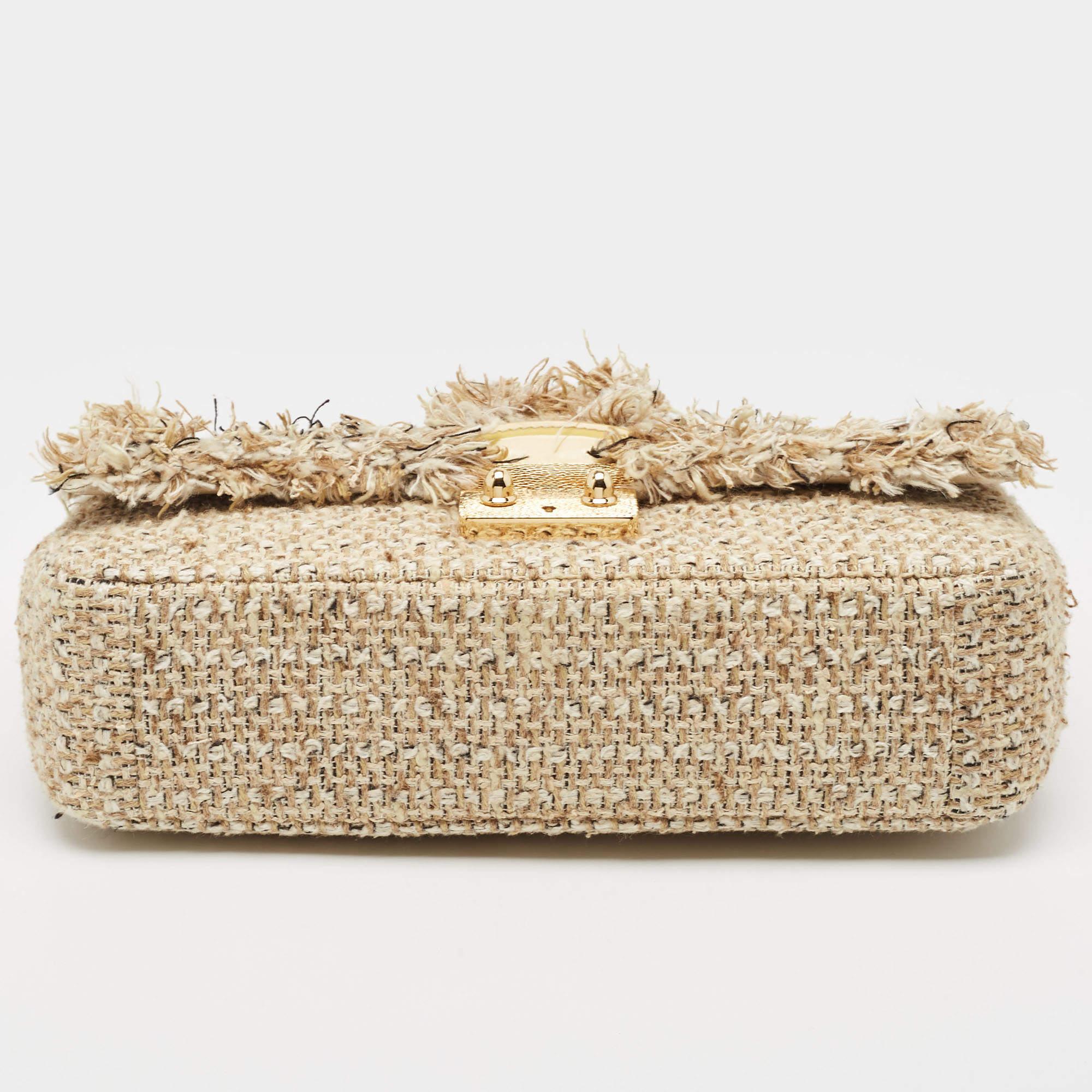 Dior Gold/Beige Tweed Medium Miss Dior Flap Bag In Good Condition In Dubai, Al Qouz 2
