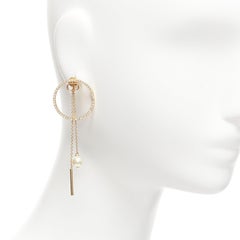 DIOR gold CD logo crystal pave hoop pearl pin drop stud earrings pair