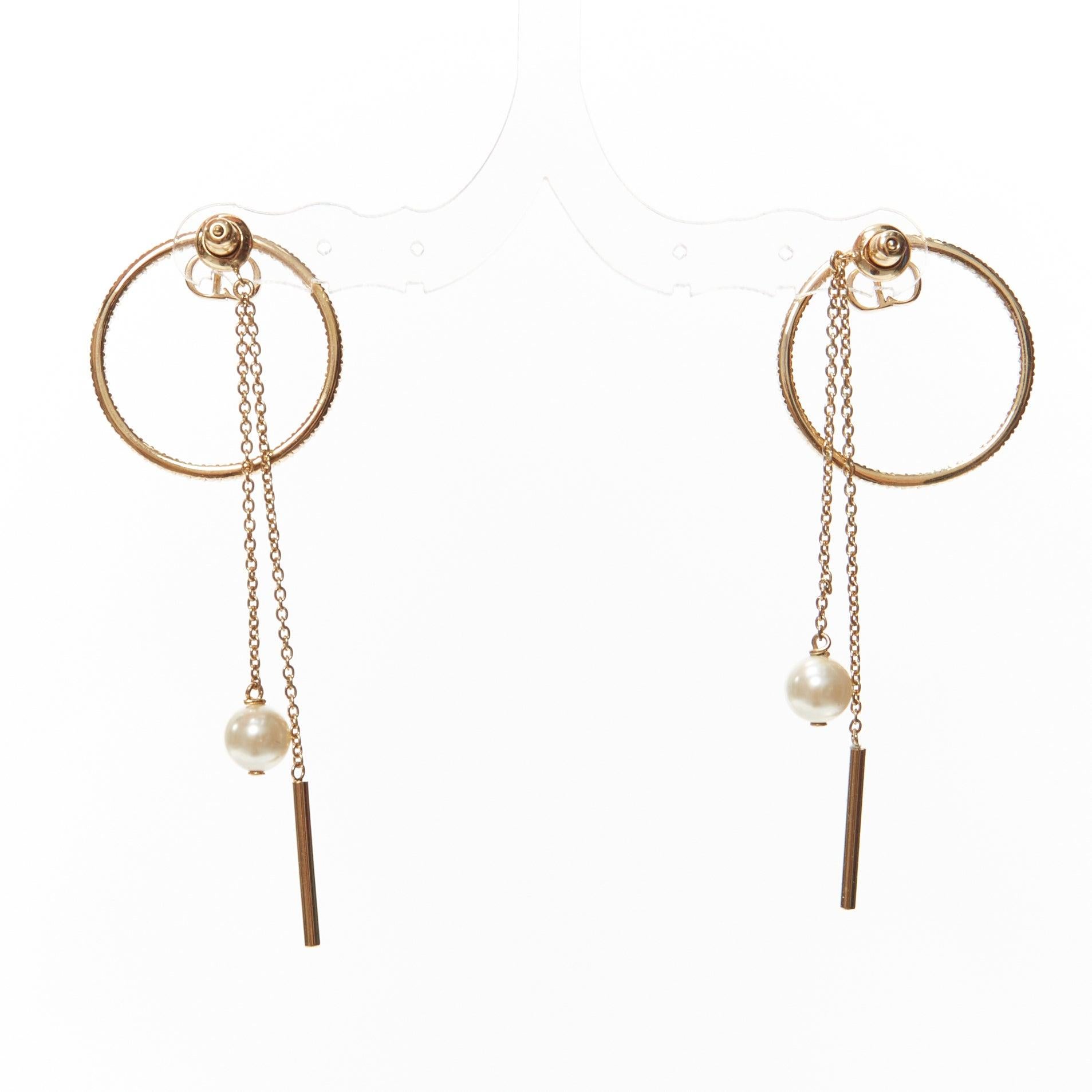DIOR gold CD logo crystal pave hoop pearl pin drop stud earrings pair In Good Condition In Hong Kong, NT