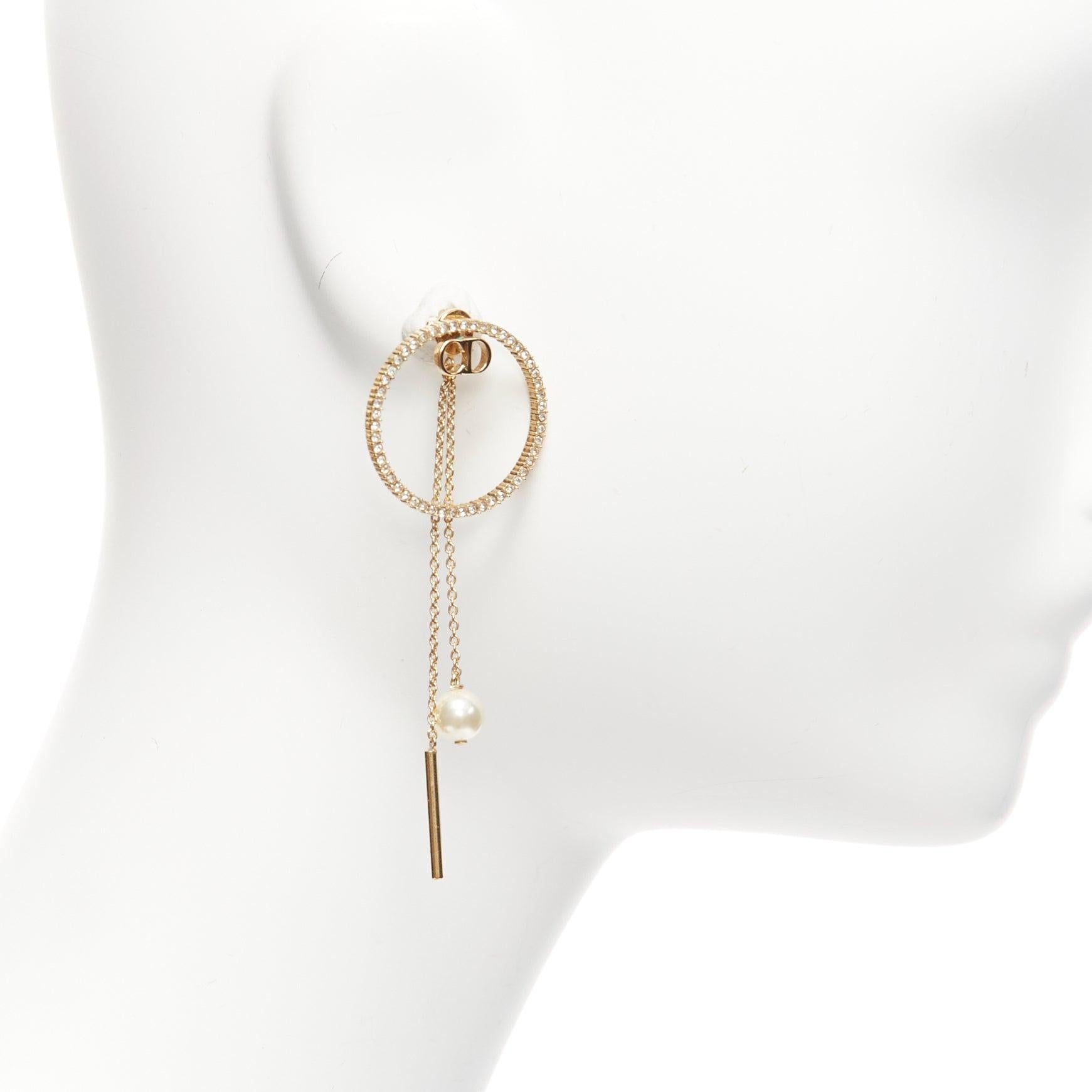 Women's DIOR gold CD logo crystal pave hoop pearl pin drop stud earrings pair For Sale