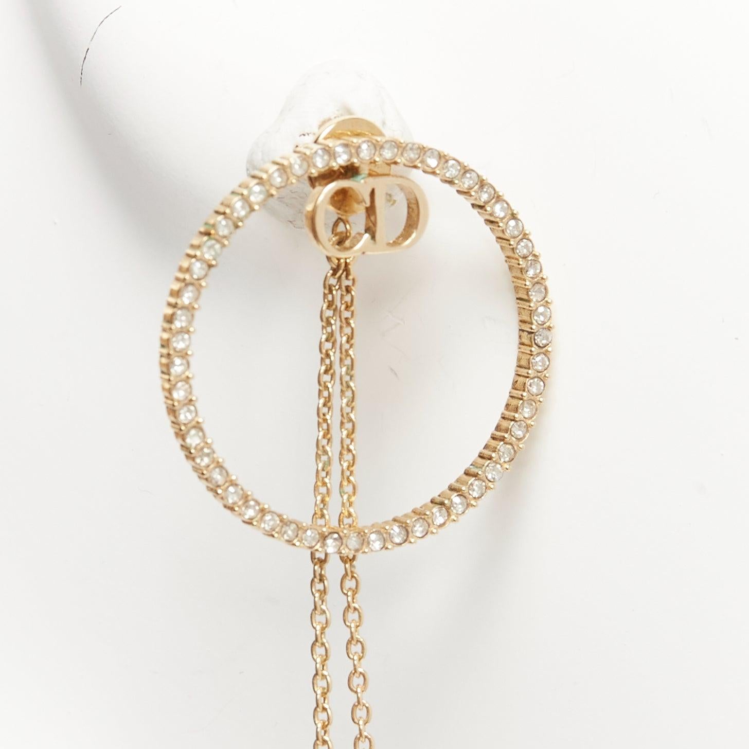 DIOR gold CD logo crystal pave hoop pearl pin drop stud earrings pair For Sale 1