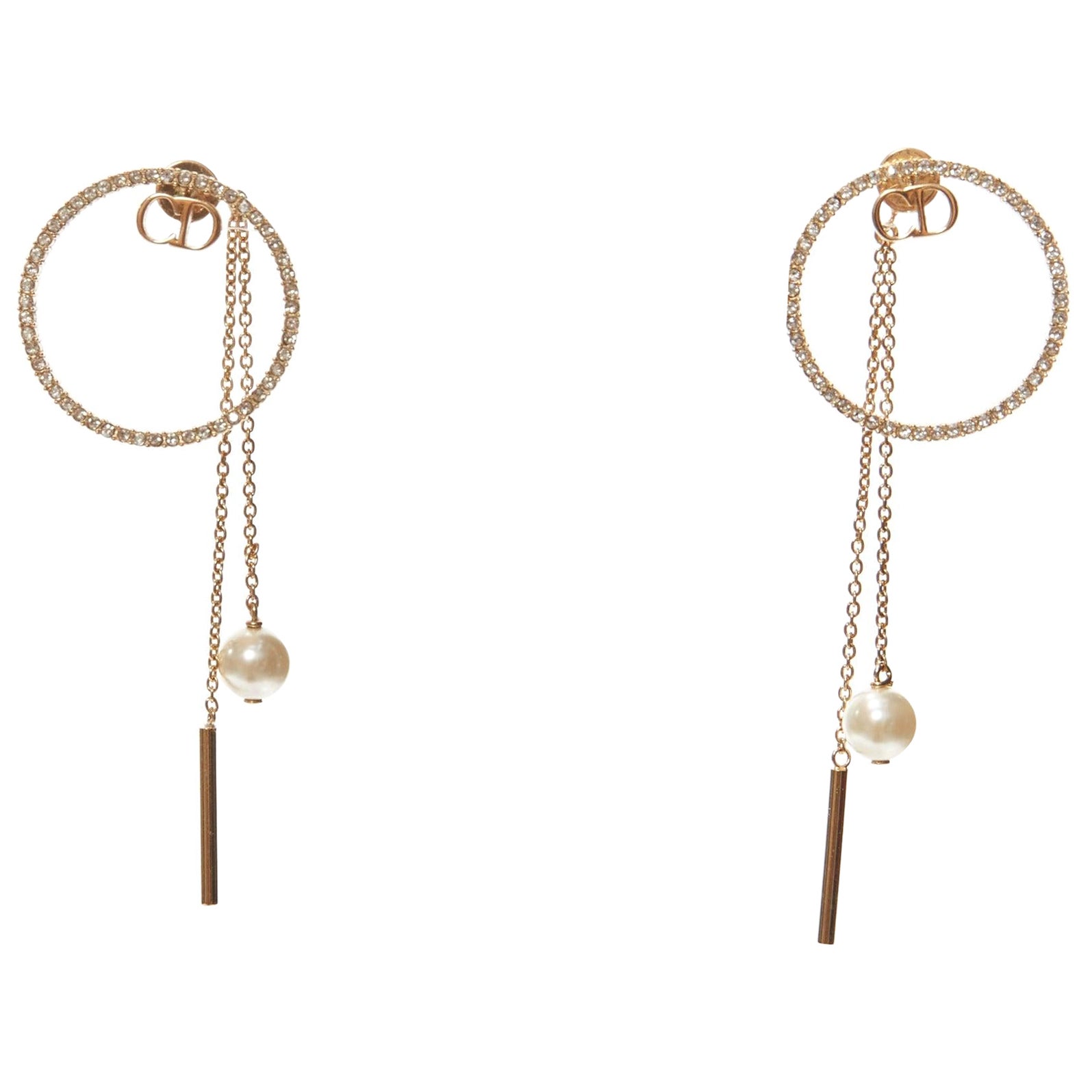 DIOR gold CD logo crystal pave hoop pearl pin drop stud earrings pair
