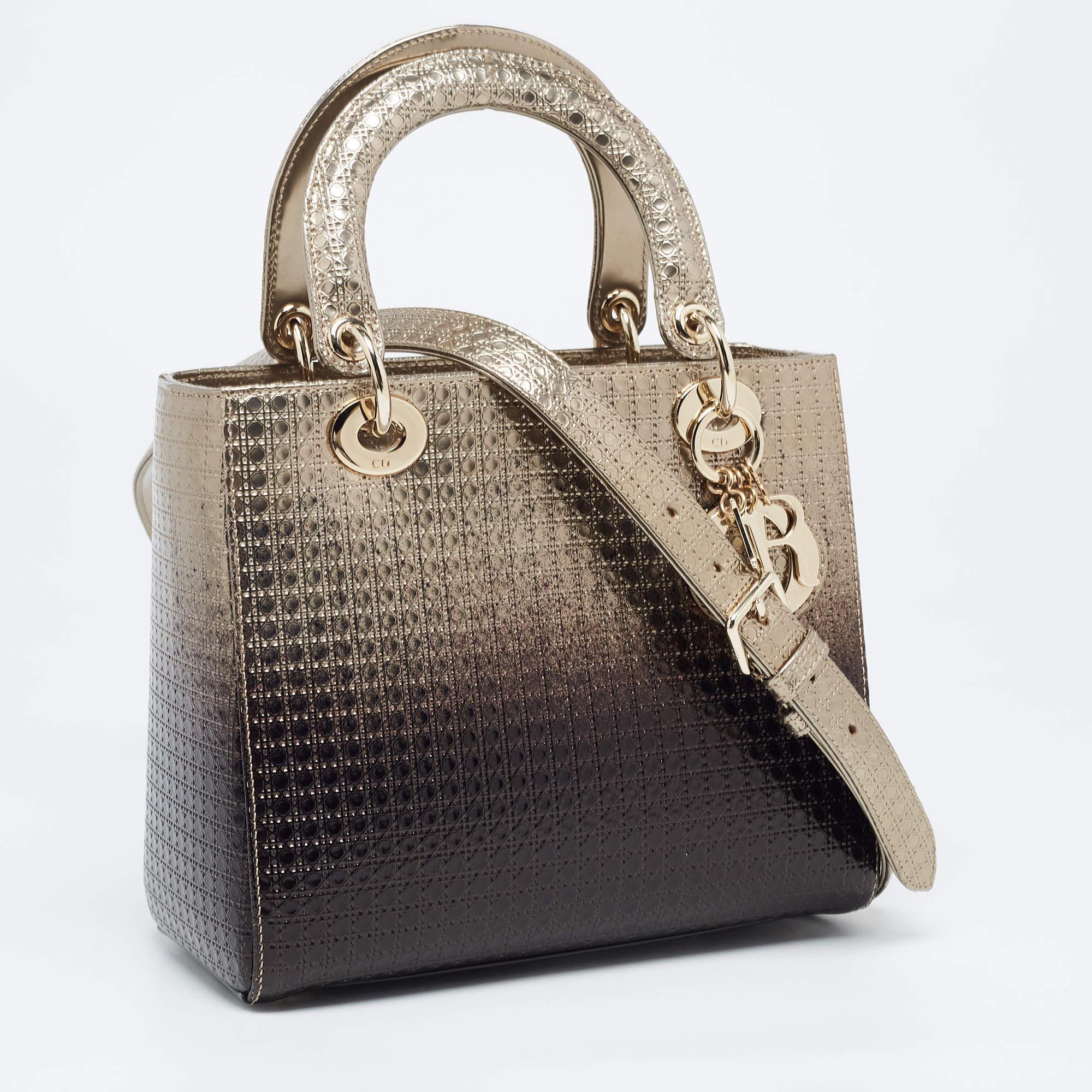Dior Gold/Dark Brown Microcannage Patent Leather Medium Lady Dior Tote 6