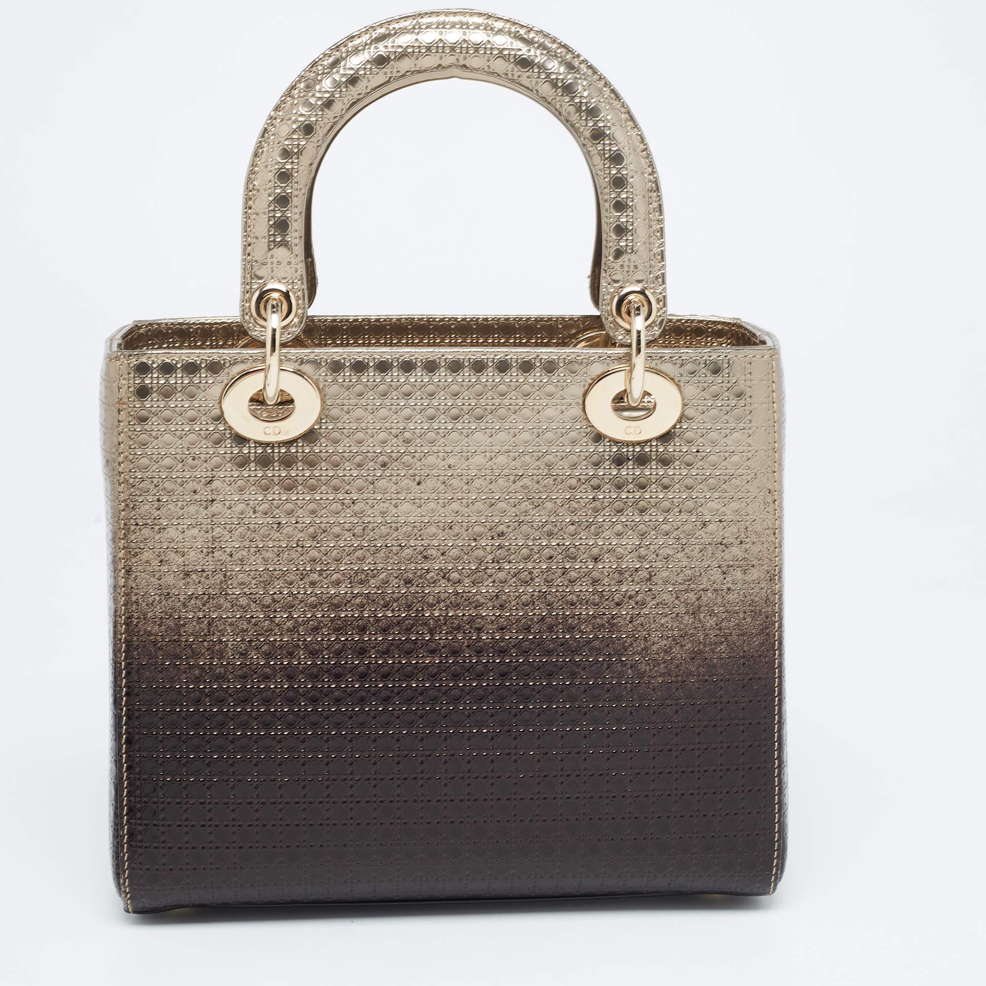 Dior Gold/Dark Brown Microcannage Patent Leather Medium Lady Dior Tote 9