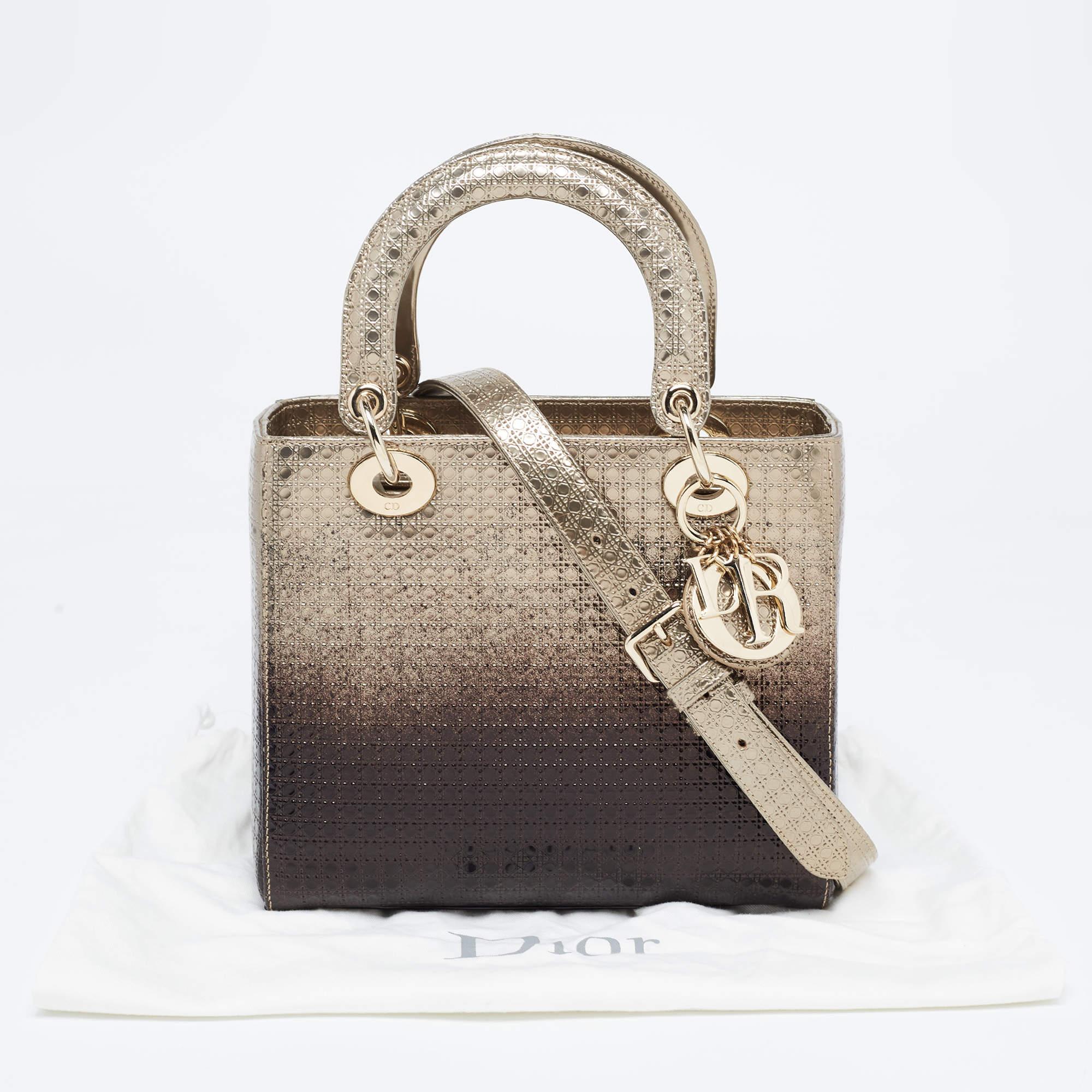Dior Gold/Dark Brown Microcannage Patent Leather Medium Lady Dior Tote 11