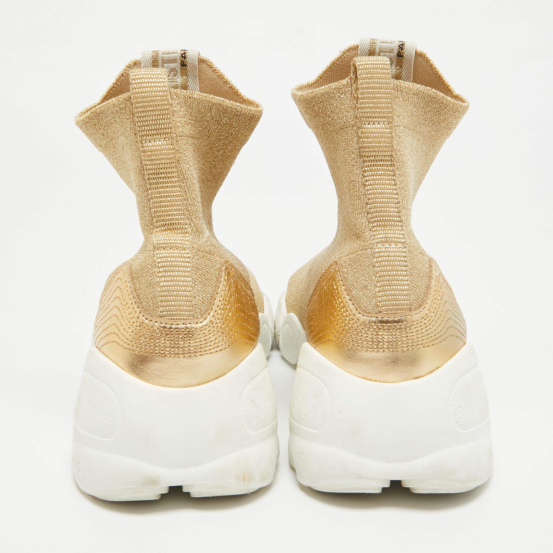 De las mujeres Dior Gold Glitter Stretch Fabric High Top Sneakers Talla 37.5