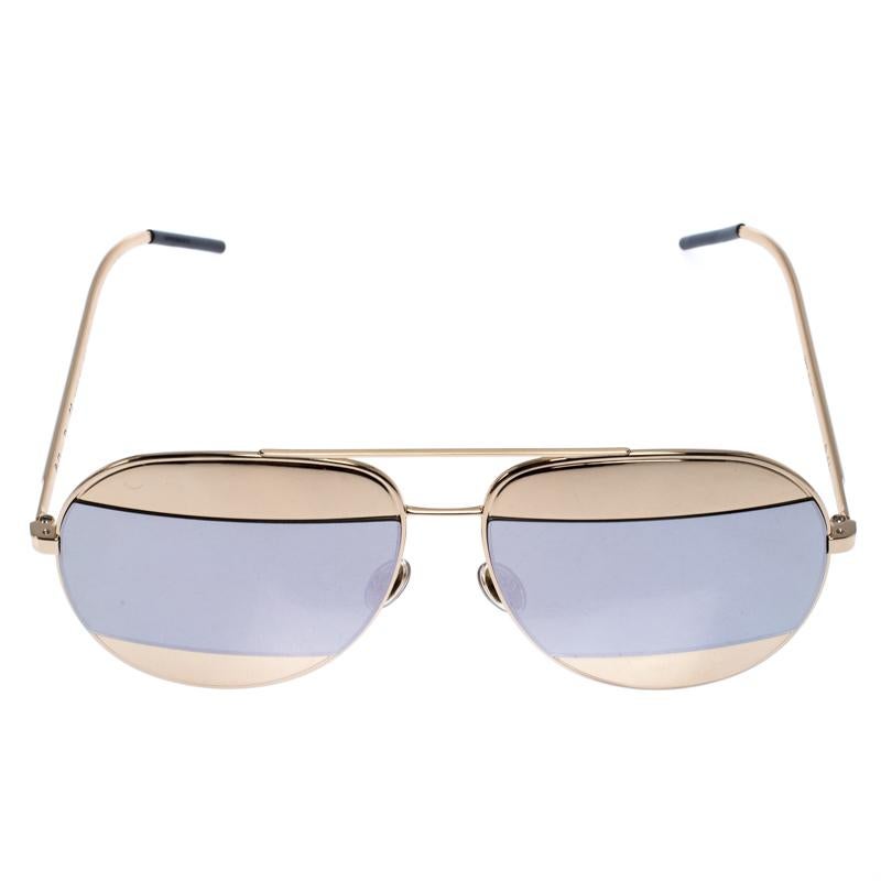 From their Split 1 collection, these aviator sunglasses by Christian Dior are the perfect style accessory for all your outdoor plans. They come in a gold-tone metal body with metal inserts in the lenses and the signature logo CD on the