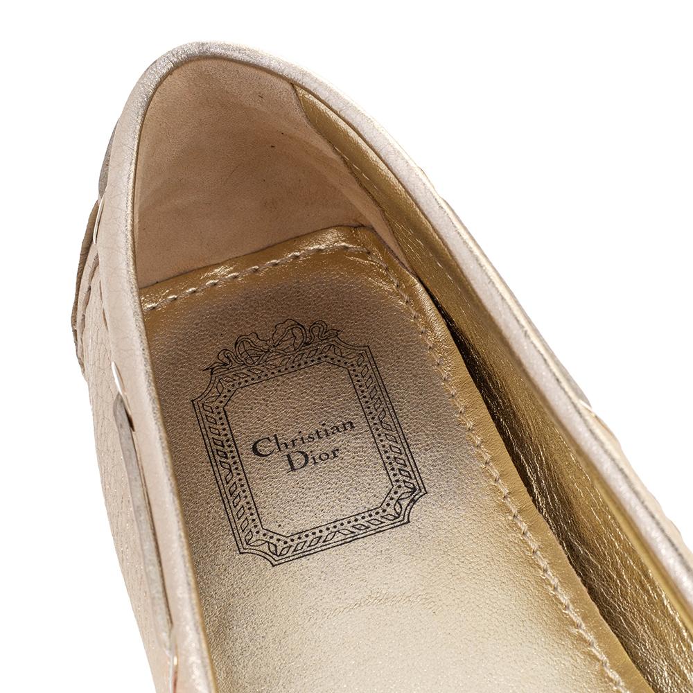 Brown Dior Gold Leather Embellished Slip On Loafers Size 39