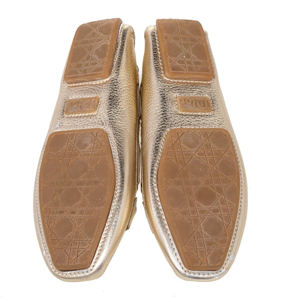 Dior Gold Leather Embellished Slip On Loafers Size 39 In Good Condition In Dubai, Al Qouz 2