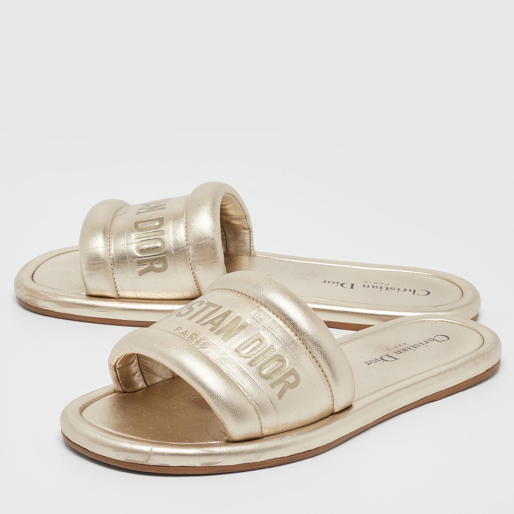 Women's Dior Gold Leather Every D Slide Flats Size 38