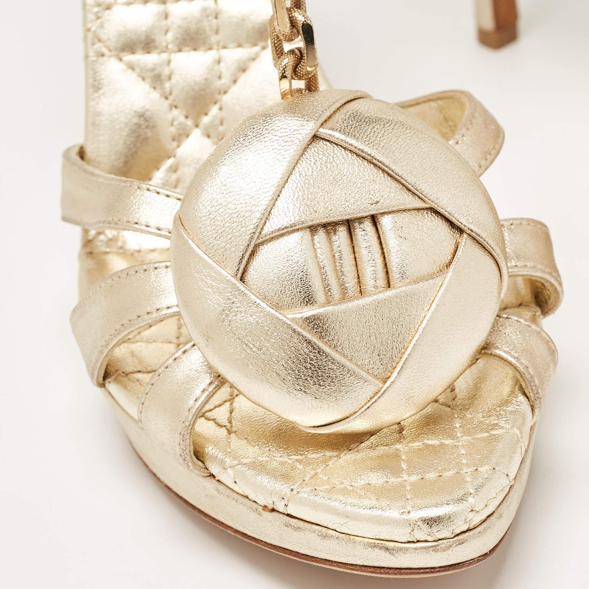 Dior Gold Leather Rose Chain Ankle Strap Platform Sandals Size 37.5 5