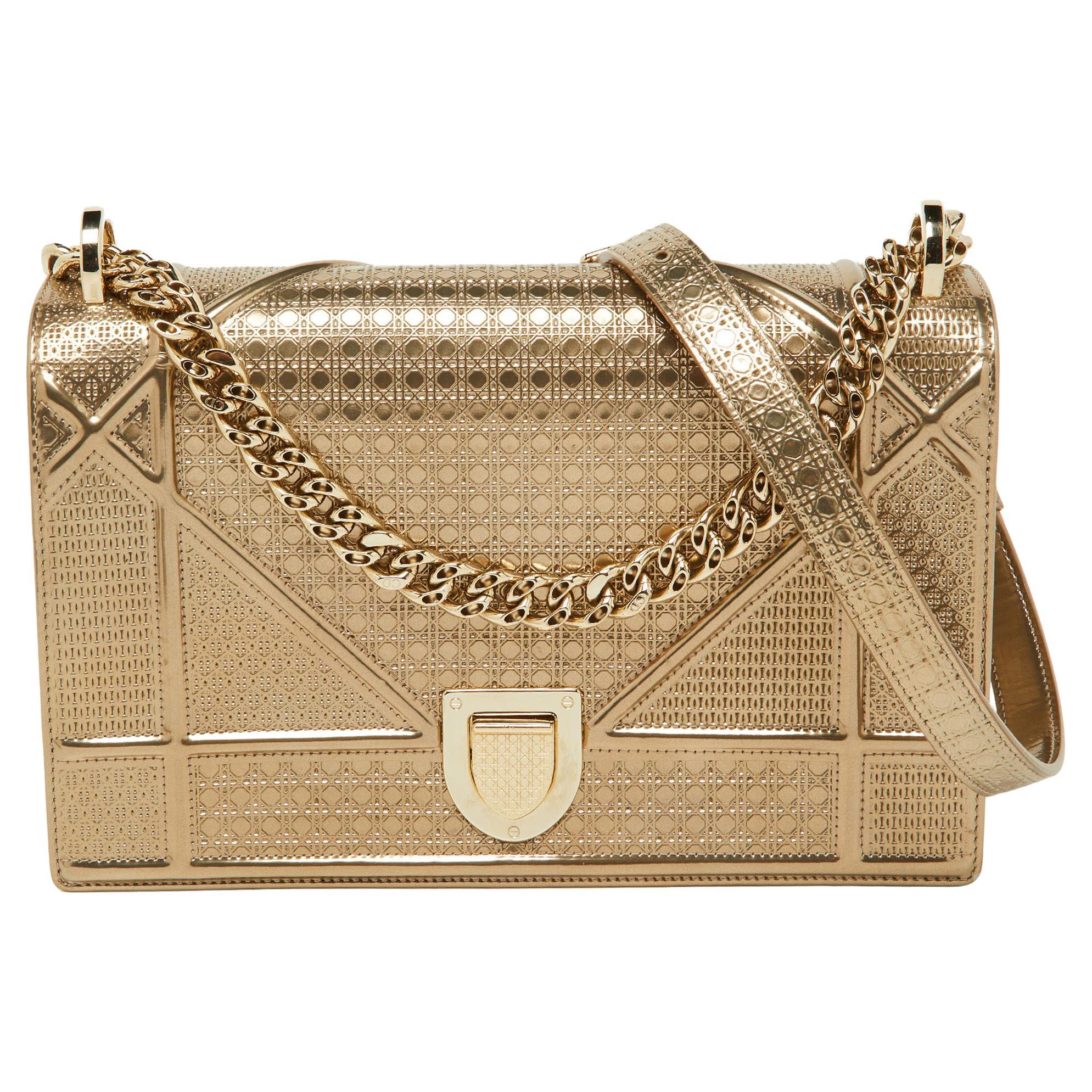 Dior Gold Microcannage Patent Leather Medium Diorama Flap Shoulder Bag For Sale