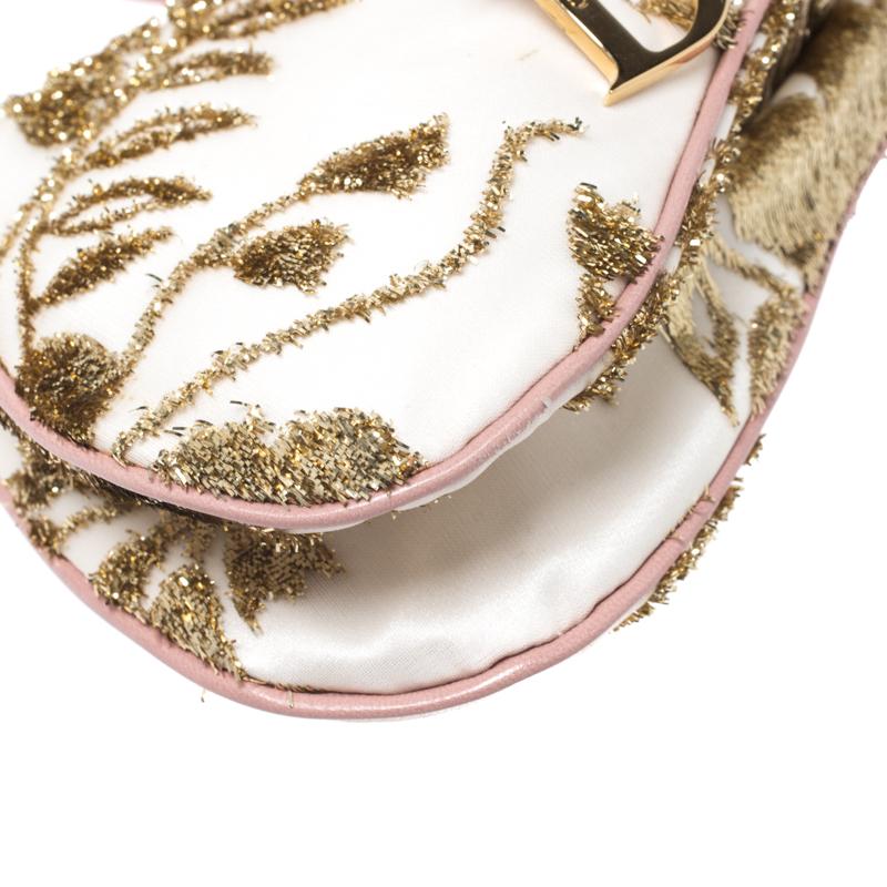 Dior Gold/Pink Embroidered Satin Limited Edition 0226 Mini Saddle Bag 3