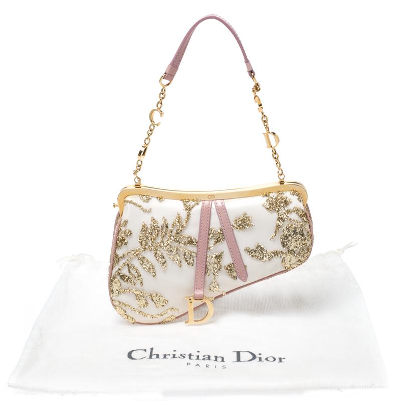Dior Gold/Pink Embroidered Satin Limited Edition 0226 Mini Saddle Bag 4