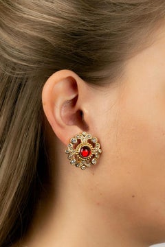 Dior Gold Plated Metal Clip Earrings Paved with Rhinestones and a Red Cabochon