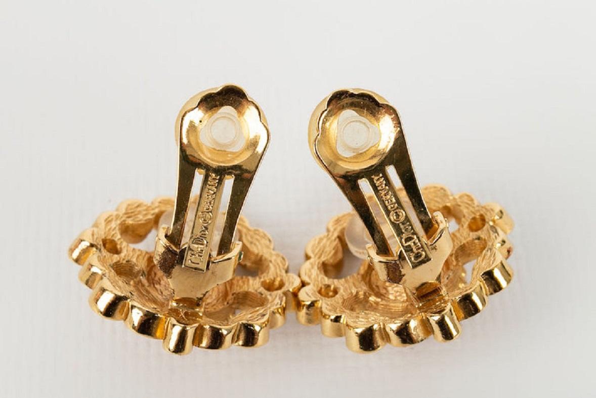 Women's Dior Gold Plated Metal Clip Earrings Paved with Rhinestones and a Red Cabochon For Sale